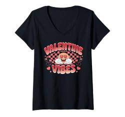 Damen Valentine Vibes Retro Vintage Valentinstag Herz Liebe T-Shirt mit V-Ausschnitt von Valentine Themed Design Valentine Vibes