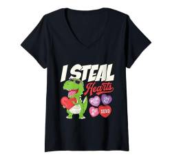 Damen I Steal Hearts Trex Dino Baby Boy Valentinstag T-Shirt mit V-Ausschnitt von Valentines Day Dinosaur I Steal Hearts gifts