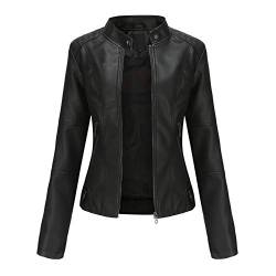 Valin Damen Schwarz Kunstleder Motorrad Jacke Lederjacke Schlank Reißverschluss Stehkragen Kurz Mantel,42,PN767 von Valin