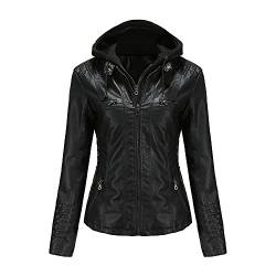 Valin Damen Schwarz Lederjacke Schlank Kurz Kunstleder Kapuze Jacket Reißverschluss Motorrad Jacke für Frühling und Herbst,L,C6699N von Valin