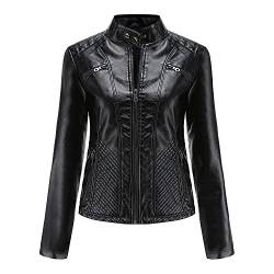 Valin Damen Schwarz Lederjacke Schlank Kurz Kunstleder Stehkragen Jacket Reißverschluss Motorrad Jacke für Frühling und Herbst,XXL,C03N von Valin