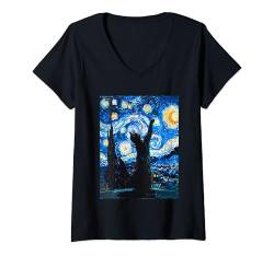 Damen Sternennacht Van Gogh Katze T-Shirt mit V-Ausschnitt von Van Gogh Katze für Damen Herren & Kinder