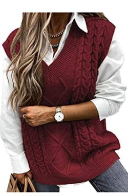 Pullunder Damen Ärmellos Pullover Vest Vintage Casual Strickweste V-Ausschnitt Weste Pullunder Winter Herbst Sweater Strickpullover,Rotwein S von Vancavoo