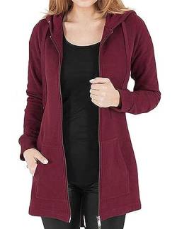 Vancavoo Fleecejacke Damen Lang Winterjacke Sweatjacke Kapuzenjacke Zip Kapuzenpullover Lose Jacken Einfarbig Sweatshirt Langen Mantel Cardigan Outwear Mit Taschen,Rotwein L von Vancavoo