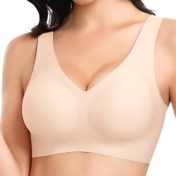 Vancavoo Seamless BH Damen Ohne Bügel Push Up Nahtloser V Ausschnitt Komfort Soft BH Bügelloser Schlaf Tshirt Bralette Klassische Bra,Beige,XL von Vancavoo