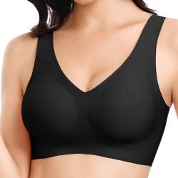 Vancavoo Seamless BH Damen Ohne Bügel Push Up Nahtloser V Ausschnitt Komfort Soft BH Bügelloser Schlaf Tshirt Bralette Klassische Bra,Schwarz,L von Vancavoo