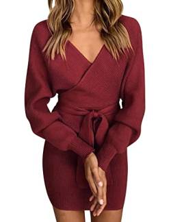 Vancavoo Strickkleid Damen Pulloverkleid V-Ausschnitt Elegant Langarm Pullover Winterkleid Strickpullover Kleid Bodycon Minikleid Sexy Rückenfrei Tunika Kleid Mit Gürtel für Herbst Winter,Rotwein S von Vancavoo