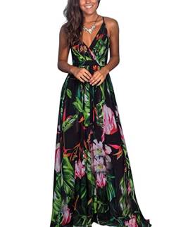 Vangreynve Damen Blumen Kleid Ärmellos V-Ausschnitt Sommerkleider Boho Swing Strandkleid Lang Grün L von Vangreynve