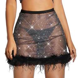 Vatocu Damen Schwarz Röcke Feder Fischnetz Midirock Sexy Glitzer Mesh Rock Party Disco Kostüm für Frauen (DE/NL/SE/PL, Alphanumerisch, M, Regular, Regular, Schwarz) von Vatocu