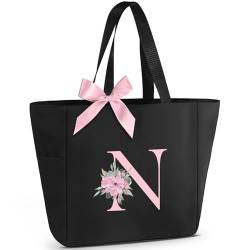 Vavabox A-Z Tote Bag Monogrammierte Tragetasche - Wasserdichte,Geschenke Für Frauen,Braut Und Brautjungfern (N, Schwarz) von Vavabox