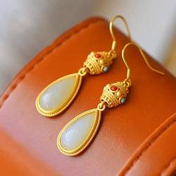 Ethnische OhrringeNatürliche Hotan-Jade-Tropfenohrringe im chinesischen Stil Retro-Minderheitsdesign Elegante Vergoldung Handwerk Damen Weihnachten (Gem Color : White) von VekkEr