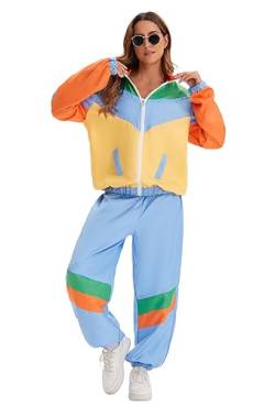 Velcoxplay 80er Jahre Kostüm Damen Trainingsanzug Disco, 80er 90er Retro Anzug Jacke Hose Anzug Style Jogginganzug für Karneval Faschingskostüm L von Velcoxplay