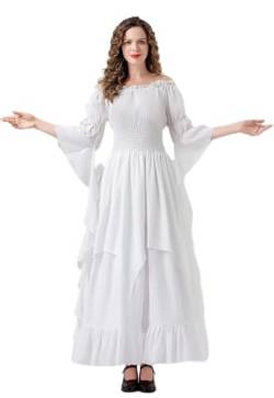 Velcoxplay Damen Retro Renaissance Kleid mit Trompetenärmel, Mittelalterliche Viktorianischen Königin Kleider Karneval Halloween Prinzessin Kostüm Weiß 2XL-3XL von Velcoxplay