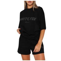 Veriliss Damen Trainingsanzug 2 Stück Sommer Trainingsanzug Sweatshirt Einfarbig Rundhals Pullover Bluse Sweatshirt Für Frauen Shorts Ärmel(Schwarz,M) von Veriliss