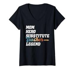 Damen Mom Hero Substitute SUB Teacher Muttertag T-Shirt mit V-Ausschnitt von Vertretungslehrer Schule Design Idee