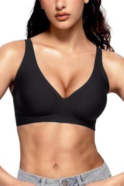 Vertvie BH Damen Ohne Bügel Push Up Seamless BH V-Ausschnitt Bügelloser BH Nahtlos Gepolstert Soft BH Ohne Buegel Bequemer BH Tshirt BH Klassisch(Schwarz,XXL) von Vertvie