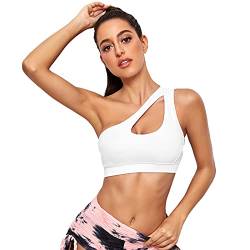 Vertvie Damen One Shoulder Sport BH Sexy Bügellos Workout Bra Gepolstert Tank BH Push Up Bequem Yoga Bralette Fitness Training Mittlere Unterstützung (Weiß, S) von Vertvie