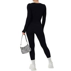 Vertvie Damen Yoga Langarm Jumpsuits Lang Eng Sport Bodysuit Slim Fit Gerippte Strick Workout Sport Figurbetontem Bodycon Overall Eckigem Ausschnitt Strampler Sportanzug (Schwarz，L) von Vertvie