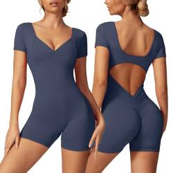 Vertvie Jumpsuit Damen Kurz Eng Scrunch Butt Sport Overall Kurzarm V Ausschnitt Bodysuit Rückenfreier Einteiler Sexy Yoga Outfit V Back Romper Gym Workout Onesie(Dunkelblau,XS) von Vertvie