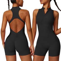 Vertvie Jumpsuit Damen Kurz Scrunch Sommer Eng Gym Einteiler Reißverschluss V-Back Fitness Jumpsuit Overall Racerback Sport Romper Bodysuit Workout Onesie Padded(Schwarz,XL) von Vertvie