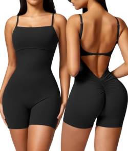 Vertvie Sport Jumpsuit Damen Kurz Eng Scrunch Butt Sommer Yoga Einteiler Gym Overall Ärmellos Bodysuit Padded V-Back Fitness Romper Workout Rückenfrei(Schwarz,L) von Vertvie