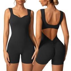 Vertvie Jumpsuit Damen Sommer Kurz Ärmellose Yoga Romper V Back Scrunch Butt Bodysuit Sport Einteiler Overall Yoga Workout Bodysuit Shorts(Schwarz,L) von Vertvie