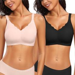 Vertvie Nahtloser BH Damen Ohne Bügel Seamless BH Bügelloser Bustier V Ausschnitt Buttrig Glatt Soft BH ohne Buegel Push Up Bequemer BH T Shirt Bra(2pc/Schwarz/Haut,M) von Vertvie