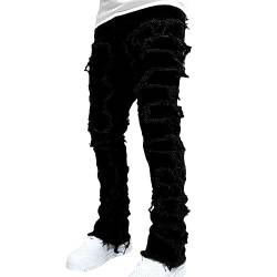 Vesone Zerrissene Jeans für Herren | Zerrissene gestapelte Biker-Jeans,Weiche Distressed Destroyed Slim Fit Denim-Hose mit geradem Bein für Dating von Vesone