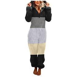 Vexuqedy Fleece Jumpsuit Damen Warm Overall Schlafoverall mit Ohren Ganzkörperanzug Plüsch Einteiler Onesie Schlafanzug Flauschig Hausanzug Schlafhose Set Pyjama mit Kapuze Reißverschluss von Vexuqedy