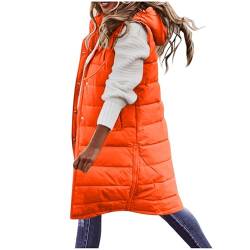 Vhersily Damen Wintermantel Ärmellos Lange Weste mit Kapuze Warm Daunenmantel mit Taschen Gesteppte Outdoorjacke Lange Winterjacke, rot, 52 von Vhersily