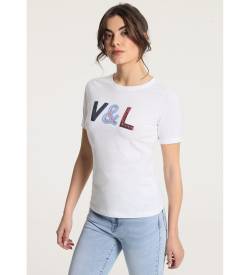 Victorio & Lucchino, V&L für Damen. 320098032 Kurzarm-T-Shirt mit Fransen V&L Pailletten weiß (L), Lässig, Baumwolle von Victorio & Lucchino, V&L