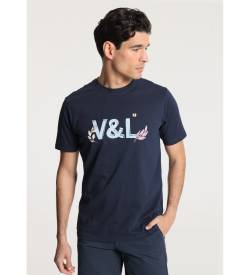 Victorio & Lucchino, V&L für Herren. 650007002 V&L basic short sleeve graphic t-shirt navy blue leaves (M), Lässig, Baumwolle, Kurzarm, Mari von Victorio & Lucchino, V&L