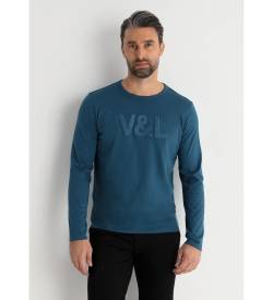 Victorio & Lucchino, V&L für Herren. 650167078 Langarm-T-Shirt mit blauem Chenille-Logo (S), Lässig, Baumwolle von Victorio & Lucchino, V&L