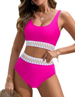 Vijamiy Bikini Damen Set Bauchweg Push Up Bikini High Waist Bademode Vintage-Welle Elastisch Badeanzug Sexy Große Brüste Badebekleidung (Rosa,M) von Vijamiy