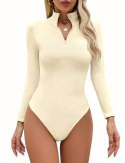 Vijamiy Body Damen Langarm Sexy Bodysuit V Ausschnitt Reißverschluss Body Shape Tanga Einteiliger Oberteile Stretch Schlank Elegant Langarmbody(weiß,M) von Vijamiy