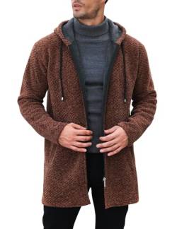 Vijamiy Strickjacken für Herren Lang Fleecejacke Mit Kapuze Zipper Gestrickt Cardigan Warme Wintermantel Winterjacke Winddichte Outdoor Trachtenstrickjacke(Braun,XXL) von Vijamiy