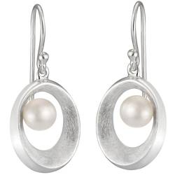 Vinani Damen Ohrringe 925 Silber - Ohrhänger offenes Oval gebürstet mit Süßwasserzuchtperle - Perlen Ohrring Set für Frauen OAGP von Vinani