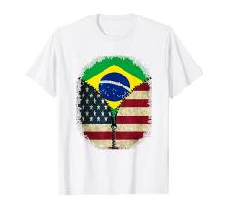 USA Brasilien Reißverschluss – brasilianische amerikanische USA-Flagge T-Shirt von Vintage Brazil Retro Style Store