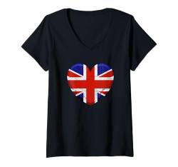 Damen UK Vintage Britische Herzflagge Neuheit Souvenir Memorabilia T-Shirt mit V-Ausschnitt von Vintage British Empire English Retro Fashion Icons