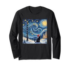 Weihnachtsmütze Van Gogh Sternennacht, schwarze Katze, Vintage-Stil Langarmshirt von Vintage Cat Gift Store