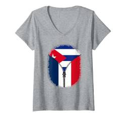 Damen Kuba Frankreich Reißverschluss – Kubanische Flagge T-Shirt mit V-Ausschnitt von Vintage Cuba Retro Style Store