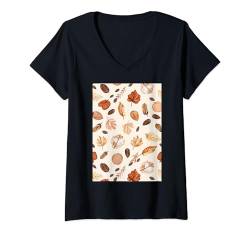 Damen Vintage Muster Kunst Walnuss T-Shirt mit V-Ausschnitt von Vintage Foods Pattern Arts (Walnut)