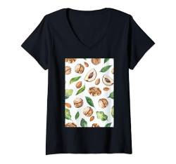 Damen Vintage Walnuss Muster Kunst T-Shirt mit V-Ausschnitt von Vintage Foods Pattern Arts (Walnut)