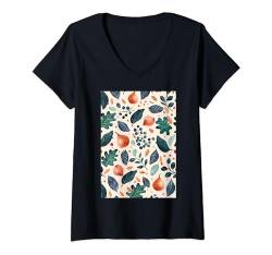 Damen Minimalistische Feigenfrucht-Musterkunst T-Shirt mit V-Ausschnitt von Vintage Fruit Pattern Arts (Fig)
