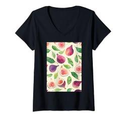 Damen Minimalistische Musterkunst Feigenfrucht T-Shirt mit V-Ausschnitt von Vintage Fruit Pattern Arts (Fig)