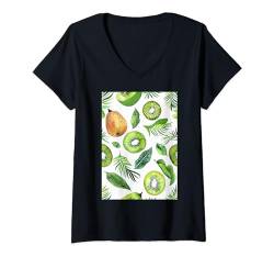 Damen Minimalistische Kiwi-Früchte-Musterkunst T-Shirt mit V-Ausschnitt von Vintage Fruit Pattern Arts (Kiwi)