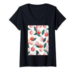 Damen Pattern Art Litschi Vintage T-Shirt mit V-Ausschnitt von Vintage Fruit Pattern Arts (Lychee)