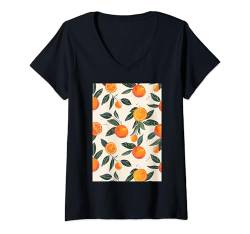 Damen Pattern Art Orange Minimalistisch T-Shirt mit V-Ausschnitt von Vintage Fruit Pattern Arts (Orange)