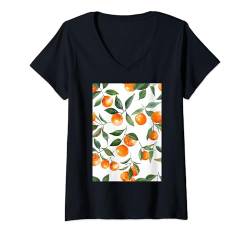 Damen Vintage Muster Kunst Orange T-Shirt mit V-Ausschnitt von Vintage Fruit Pattern Arts (Orange)