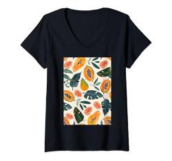 Damen Minimalistische Papaya-Fruchtmusterkunst T-Shirt mit V-Ausschnitt von Vintage Fruit Pattern Graphics (Papaya)
